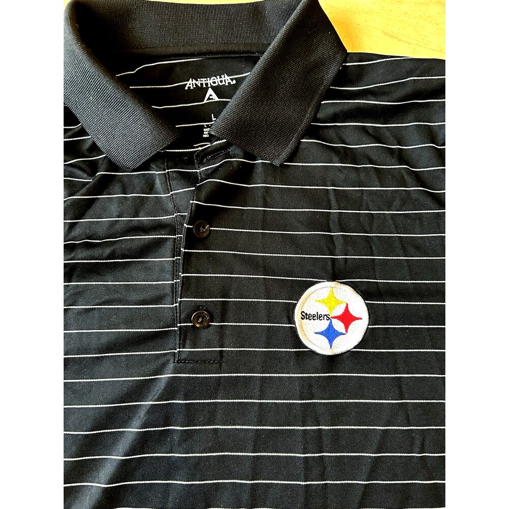 Y2K 2010 Pittsburgh Steelers Striped Polo Shirt Logo NFL Golf Antigua Mens L
